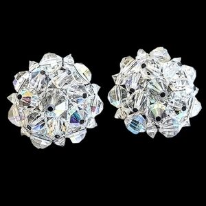💎 Vintage 60s Laguna Faceted AB Glass Austrian Crystal Cluster Clip On Earrings